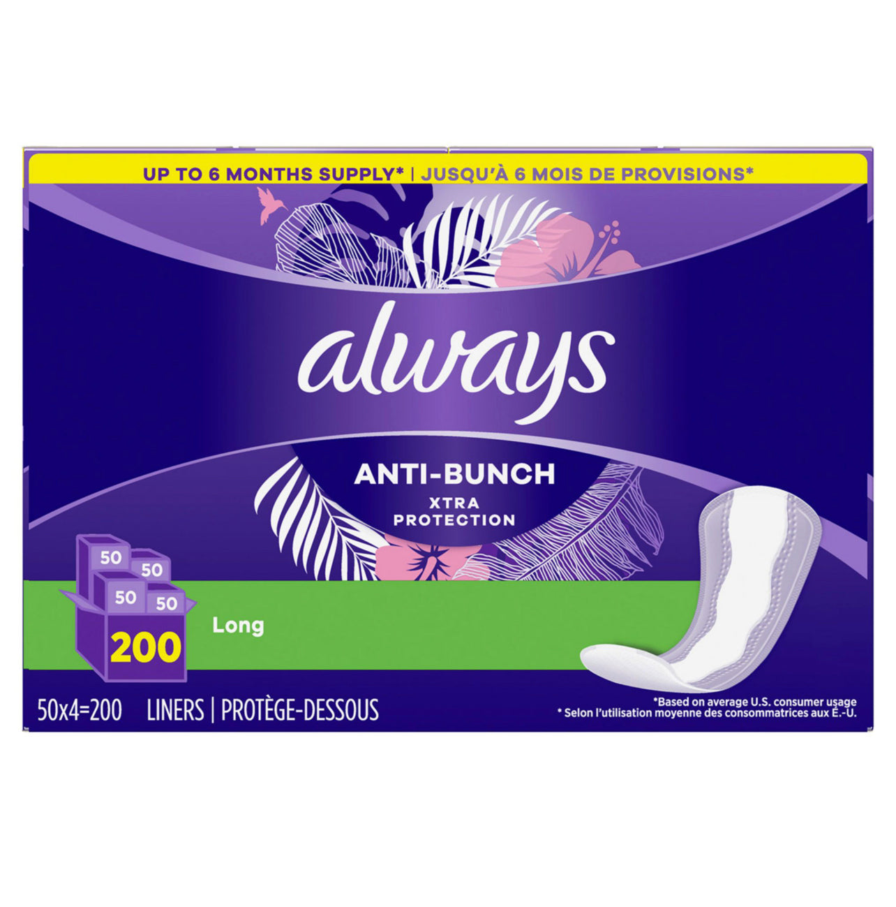 Always Anti-Bunch Xtra Protection Daily Liners, Long, Unscented (200 ct.)